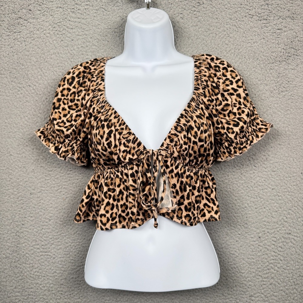 Urban Outfitters Top Womens S Brown Leopard Babydoll Puff Sleeves Y2K Indie Boho